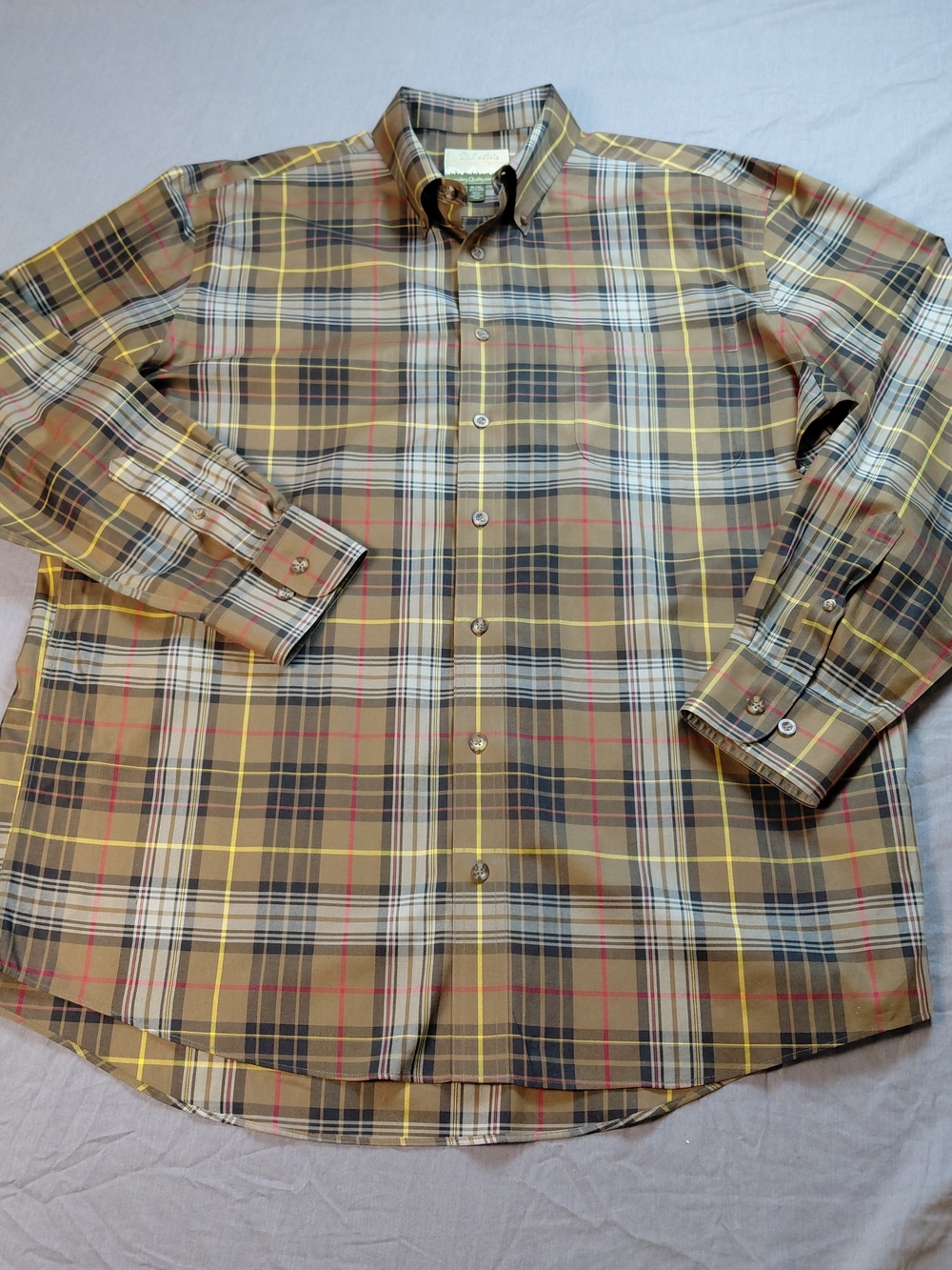 Cabela's Tan Plaid Button-Down Shirt with Yellow and Red Accents